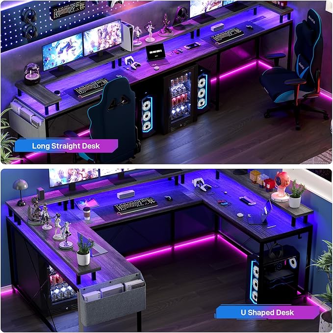 Reversible u Shaped to l Shaped Computer Desk with RGB Lighting & Charging Station, 79 Inch Home Office Workstation with Full Monitor Stand, Heavy Duty Gaming Desk Supporting 600LBS, Multiple Color Op