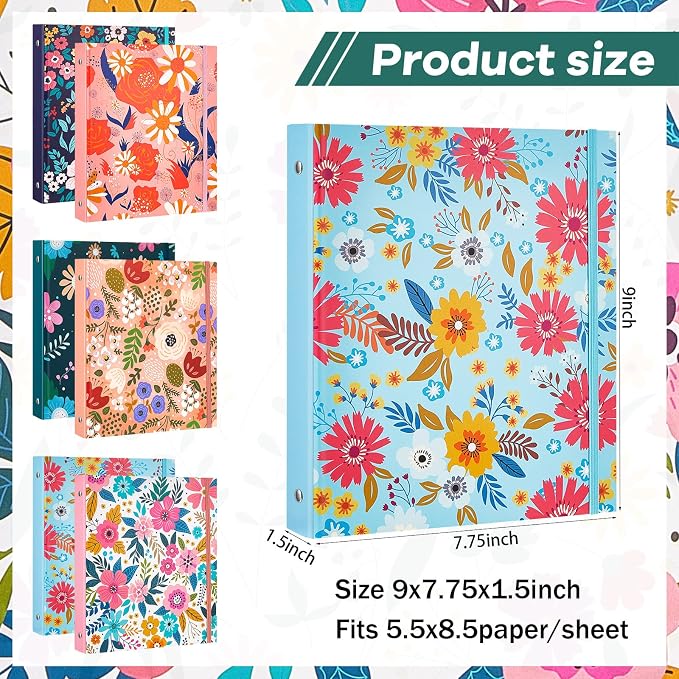 6 Pack Mini Binders 5.5 x 8.5 Three Ring 1 Inch Marble Binder with Elastic Cord Cute Hardcover Marble Binder Floral for School Office Home Photo Album Pages(Floral Style)