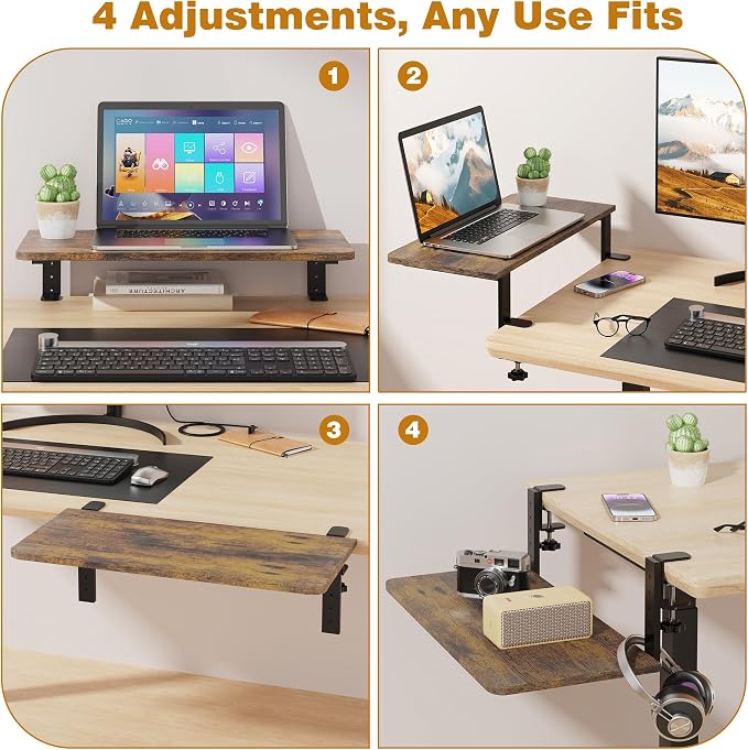 Desk Extender, 22-inch Clamp-On Desk Shelf, Height-Adjustable Desktop Shelf Organizer for Monitors Office and Gaming Accessories, Arm Support Table Extension, 44lbs Heavy Duty, Dark Brown