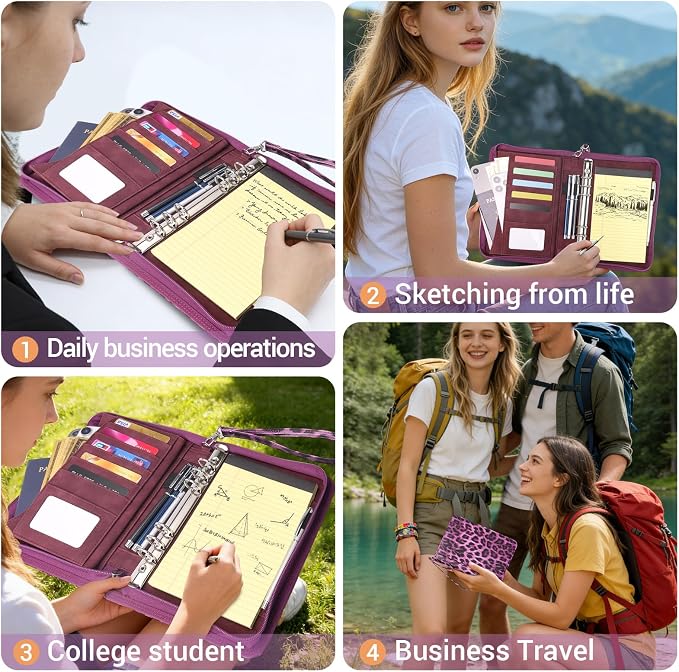 A5 Binder 6 Ring with Zipper, Portable Planner for Travel & Study | Faux leather A5 planner with detachable 6 rings, lined pages, pouches, card slots and pen holder for daily use.