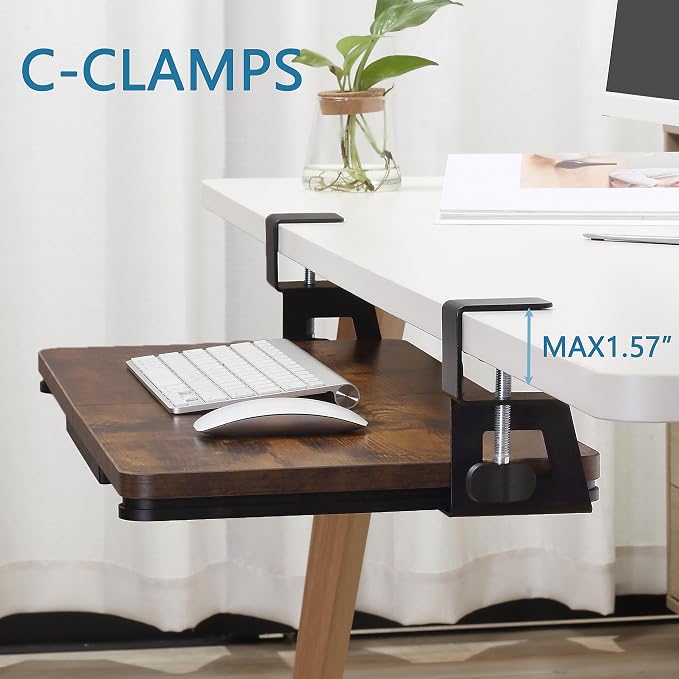 ETHU Keyboard Tray Under Desk, 19.7" X 11.81" Small Size Keyboard Drawer with C Clamp-on Mount Easy to Install, Computer Keyboard Stand Slide Pull Out, Ergonomic Keyboard Tray for Home, Office