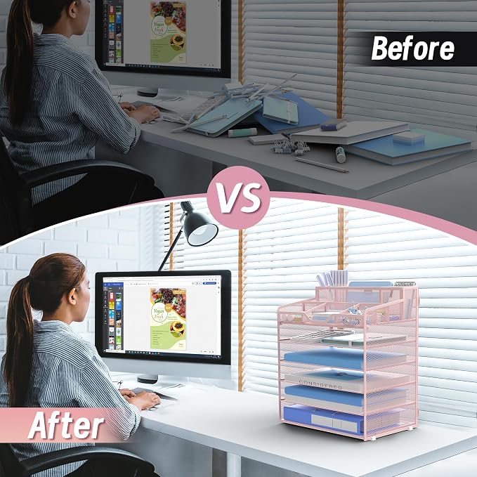 6 Tier Mesh Paper Desk Organizer with Pen Holders, Pink | Features 3 pen holders, and 5 adjustable compartments for office school home desk storage
