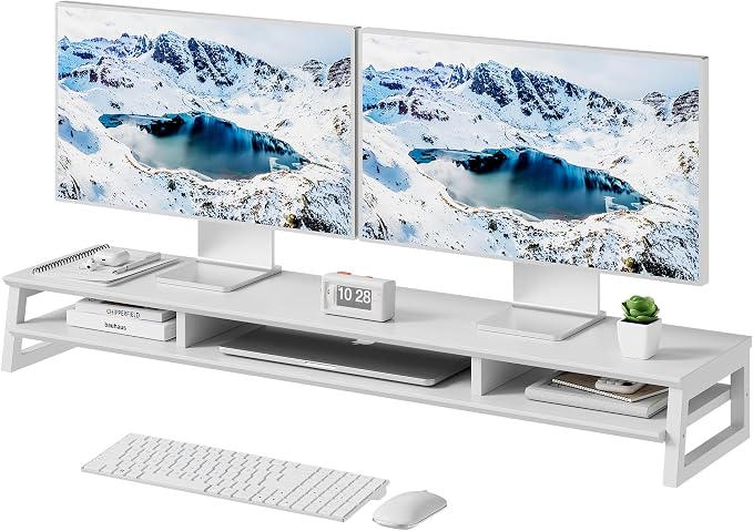 Dual Monitor Stand Riser for Desk, 41.7 Inch Large 2 Tier Computer Monitor Stand for 2 Monitors, Desktop Storage Organizer Shelf with Keyboard Space for Laptop PC Printer White