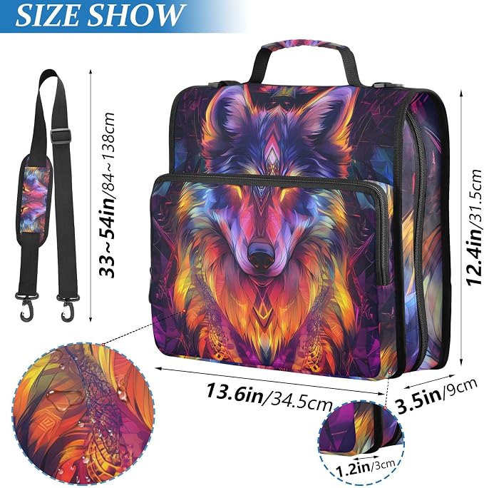 Wolf Colorful Zipper Binder Bag 3 Ring Binder with Shoulder Strap Zip Up 500 Sheets Capacity Multi Pockets for School Office Supplies