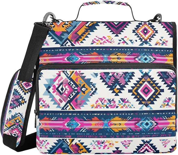 3 Ring Zipper Binder with Shoulder Strap Purple Ethic Aztec Geometric 1.5 inch Binders Keeper Large Capacity Multi Pockets for School Office Supplies