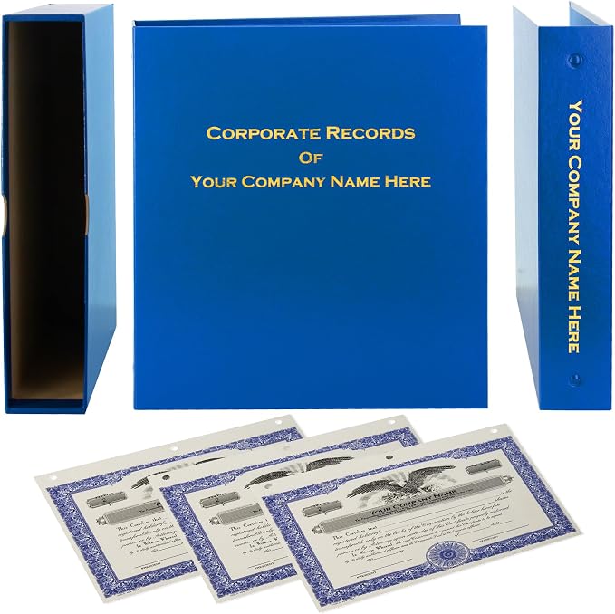 Corporate Kit (Blue) - Binder, Slipcase, Minutes & Bylaws, Stock Certificates with Stubs & Customizable Index Tabs