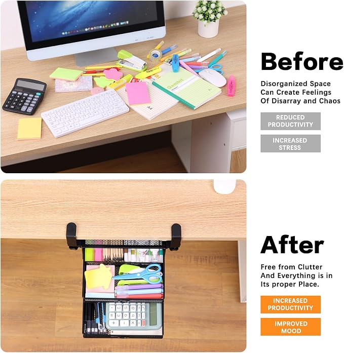 Under Desk Drawer, Clamp on Desk Organizer Slide Out Table Storage No Drill | 2Tier Under desk drawer: clamp on desk organizer, under desk drawer slide out, hanging desk organizer, no drill table storage