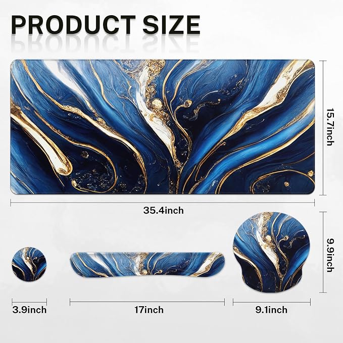 Keyboard Mouse Pad Set, 4 in 1 Desk Mat Set, Marble Blue | Gold Large Mousepad+Keyboard Wrist Rest+Mouse Wrist Rest+Coaster Ergonomic Design for Home Office Computer