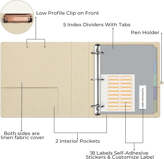 EYROZILL 3 Ring Binder 2 Inch, Binder for Letter Size (11" x 8.5") with 5 Tab Dividers, File Folder Labels and Low Profile Clipboards, Tulip White
