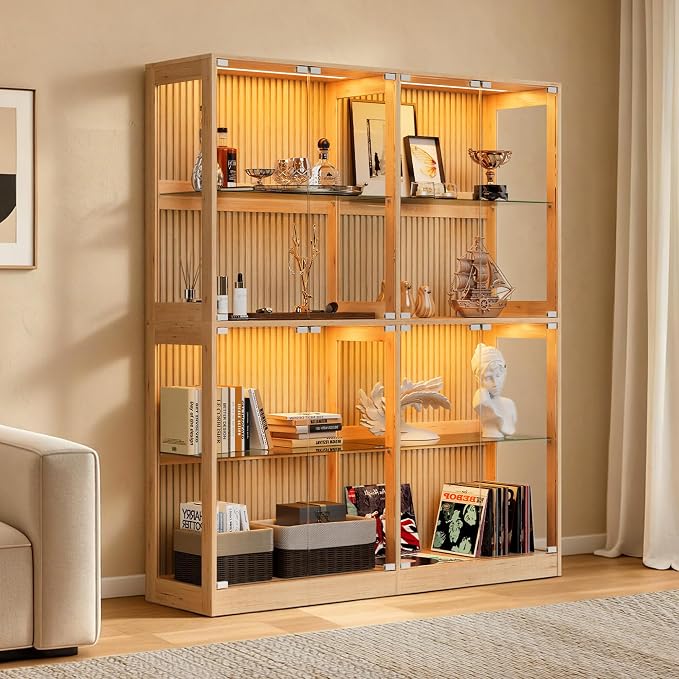 AMERLIFE 60-Inch RGB Display Cabinet with Glass Shelves | 70 H x 60 W x 16 D In, 4-Tier Storage, RGB LED Lights, Press-to-Open Doors, for Collectibles, Wood-Grain Slatted Finish