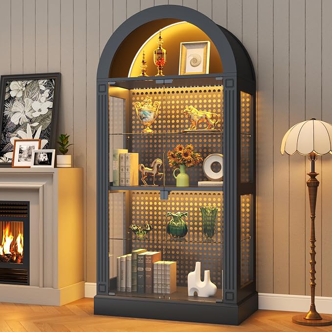 kepptory 71" Arched Display Cabinet with Glass Doors and LED, 5-Tier Curio Cabinet with Roman Line Design and Pegboard, Glass Display Case China Cabinet for Collectibles, Black
