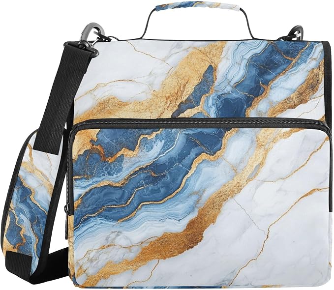 Aslsiy Zipper Binder Marble White Gold Blue 1.5 inch 3-Ring Binder Organizer Trapper Keeper with Shoulder Strap for School Office Supplies
