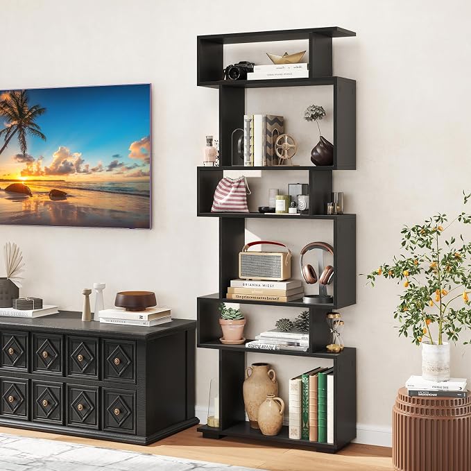 Tangkula 6-Tier S-Shaped Bookshelf, 64" Freestanding Geometric Bookcase, Home Office Wood Storage Shelf with Anti-Toppling Device, Room Divider Display Rack for Study, Living Room (2, Black)
