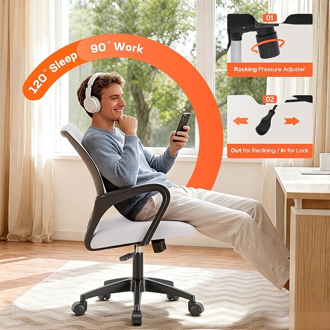 BestOffice Ergonomic Office Chair | Mid-Back Swivel Desk Chair | White | with Lumbar Support, Adjustable Height & Breathable Backrest | Sponge Seat & Rolling Wheels | for Home, Office | Pack of 1