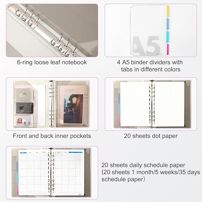 CAGIE 2 Pack A5 Binder 6 Ring Refillable Notebook, Dividers & Pockets | Daily Planning Square Ruled and Dotted Pages, 6.89 x 9.25 In, Refill Paper Included (Purple & Blue, A5 Daily & Dot Page)