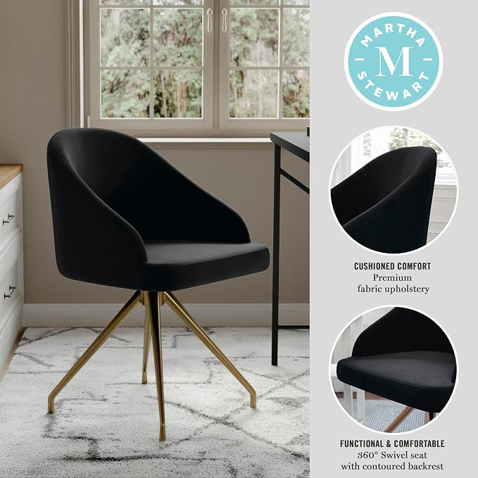 Martha Stewart Sora Upholstered Stationary Office Chair, Black | Polished Brass Frame