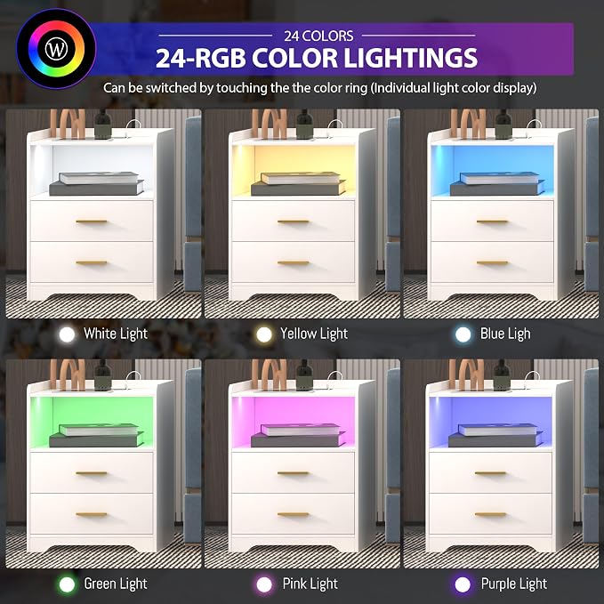 dnbss RGB Nightstand with Charging Station, Smart Bedside Table, White | LED Night Stand, 2 Drawers, 1 Compartment, Human Body Sensor, Modern End Side Table for Bedroom Living Room Office Storage