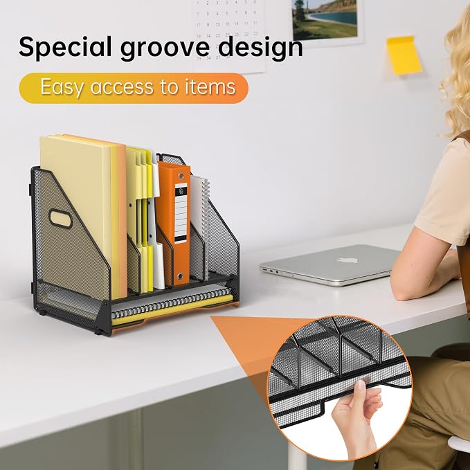 Docnest Mesh Desk File Organizer, 4 Vertical Compartment Box Sorter, Black | Features 3 removable middle dividers for custom spacing and a bottom letter tray to hold paper, mail, and documents