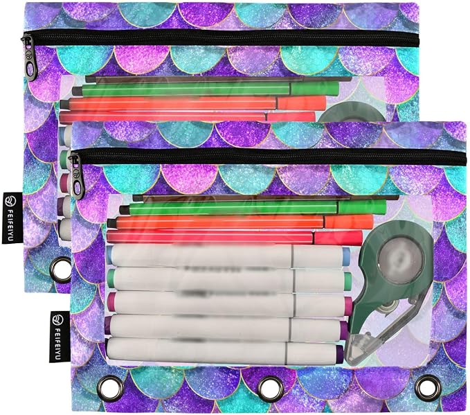 Pink Blue Purple Mermaid Scales Pencil Pouch for 3 Ring Binder, 2 Pack Waterproof Pencil Bags Clear Window Pencil Case Zipper School Office Supplies