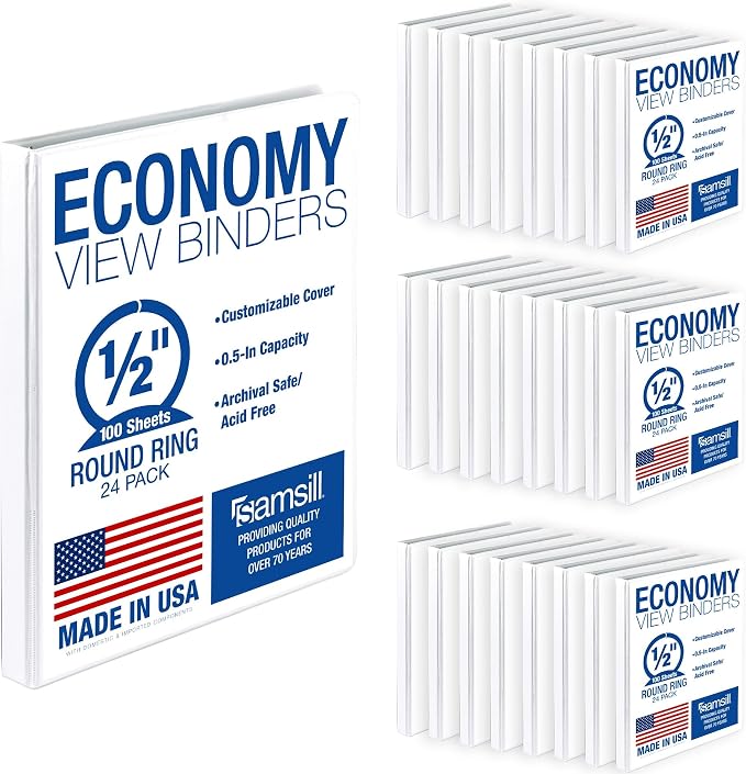 Samsill 0.5 Inch 3 Ring Binders, Economy Round Ring, Clear View Cover, 100 Sheet Capacity - for School, Home, Office - White, 24 Pack