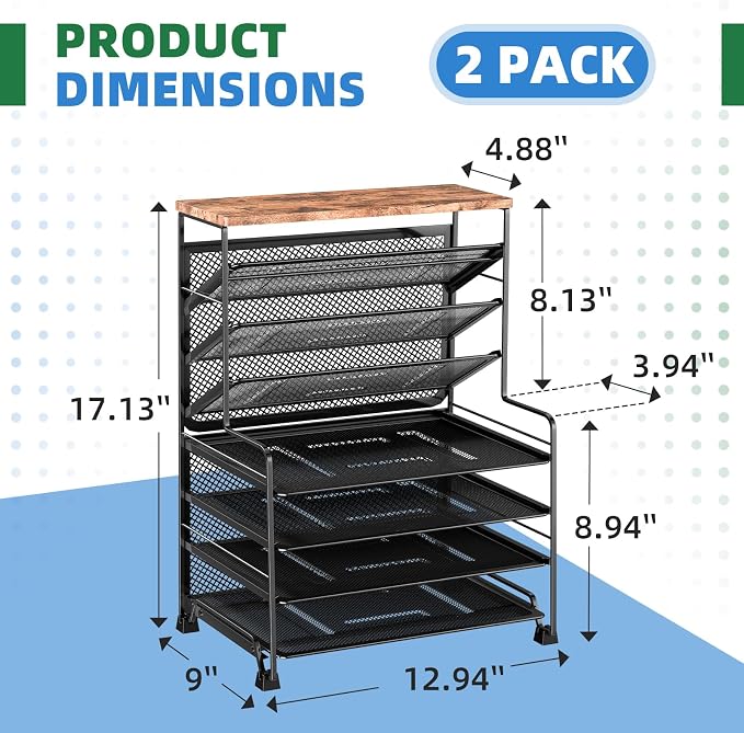 Simple Trending 7 Tier Desk File Organizer, 2 Pack Letter Tray Paper Organizer, Mesh Desk Accessories File Folder for Office, Home or School, Black