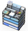 5 Tier Mesh Paper Desk Organizer with Pen Holders, Black | Features 3 pen holders, and 5 adjustable compartments for office school home desk storage