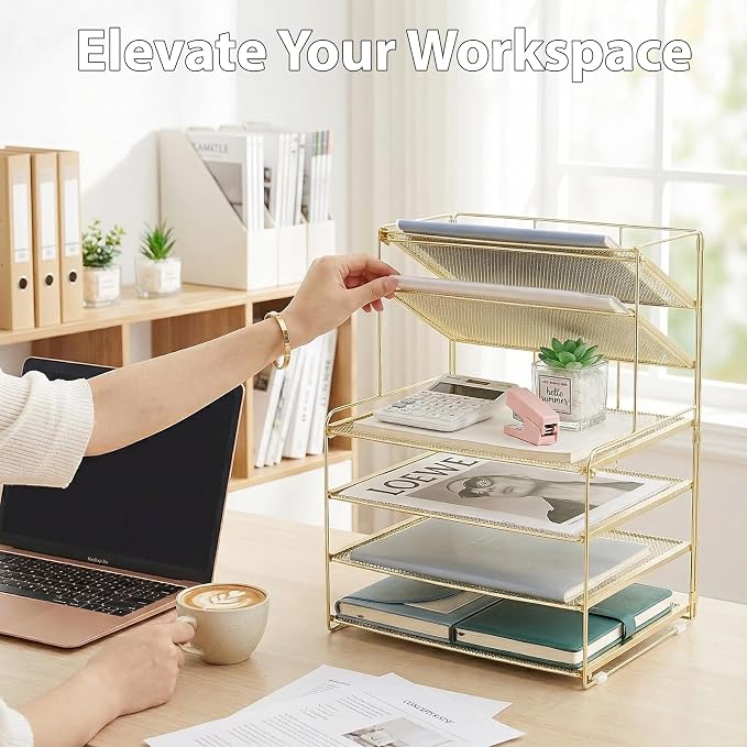 Desk Organizer, 6-Tier Paper Organizer Letter Tray, Gold | Desk Organizers and Accessories, Office Desk Accessories & Workspace Organizers, Desktop File Organizer for Office Supplies