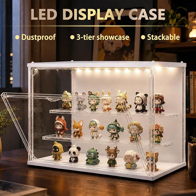 Clear Display Case for Collectibles, 3-Tier Adjustable Figure Display Case with LED Light, Stackable Acrylic Showcase with Magnetic Door for Model Figures, Jewelry & Collectibles (White)