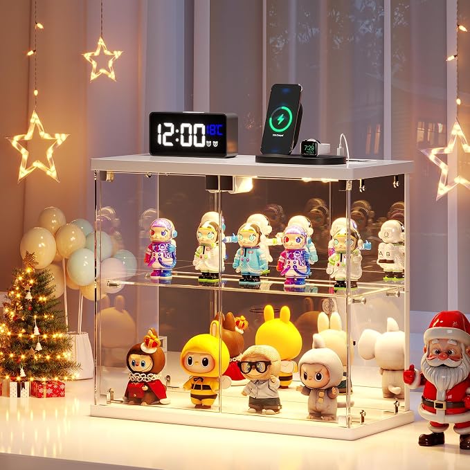 Dystler 2pc Glass Display Case with LED Lights, Small 2-Tier for Figures | Lighted Display Cabinet with Motion Sensor, Clear Tempered Glass Door, USB-C Charging Hub for Collectibles, Rocks, Tabletop