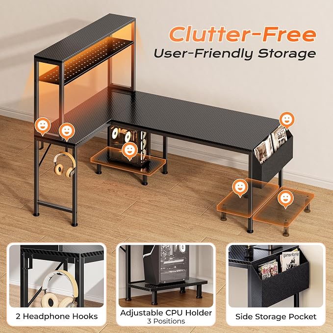L Shaped Gaming Desk with LED Lights & Power Outlets | Reversible Computer Desk with Storage Shelves & Bag, Large Corner Home Office Desk for Work from Home, Carbon Fiber Black