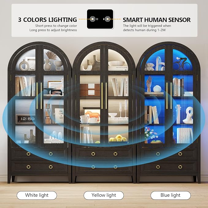 Arched Curio Cabinet with Glass Doors, 4-Tier Display Cabinet with 2 Drawers, Tall Bookcase with 3 Color Lights, Display Case, Kitchen Pantry (Black)
