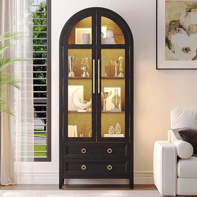 Arched Curio Cabinet with Glass Doors, 4-Tier Display Cabinet with 2 Drawers, Tall Bookcase with 3 Color Lights, Display Case, Kitchen Pantry (Black)