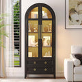 Arched Curio Cabinet with Glass Doors, 4-Tier Display Cabinet with 2 Drawers, Tall Bookcase with 3 Color Lights, Display Case, Kitchen Pantry (Black)