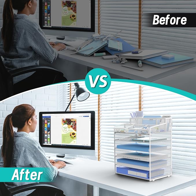 6 Tier Mesh Paper Desk Organizer with Pen Holders, White | Features 3 pen holders, and 5 adjustable compartments for office school home desk storage