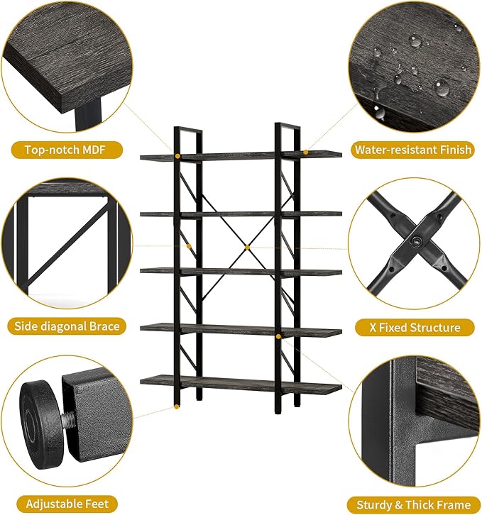 DWVO 5-Tier Bookshelf, 70.9" Tall Bookshelves Vintage BookCases with 5 Shelves Display Storage Shelves for Home Office, Living Room, Charcoal Gray
