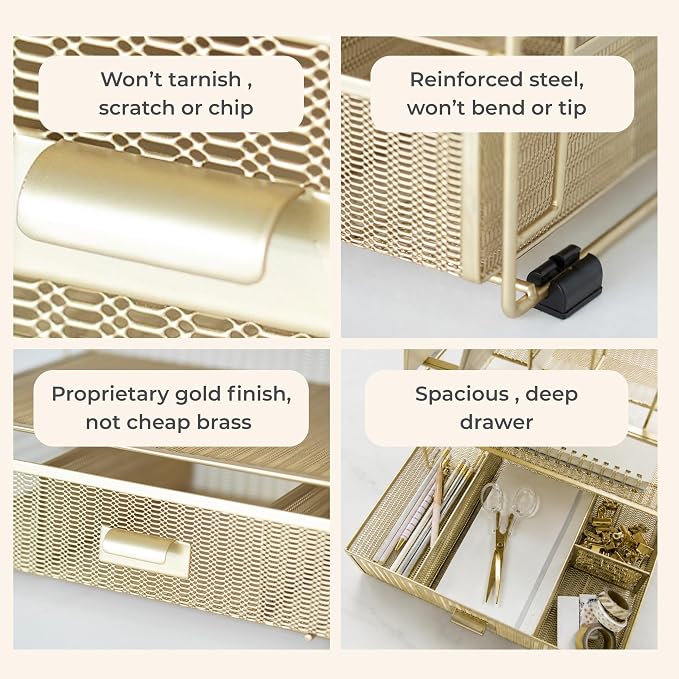 BLU MONACO | Gold Desk Organizer With Drawer | Metal Mesh File Holder & Vertical File Organizer | Desktop Storage for Office Supplies, Papers & Folders | 9.3" D x 13" W x 14" H