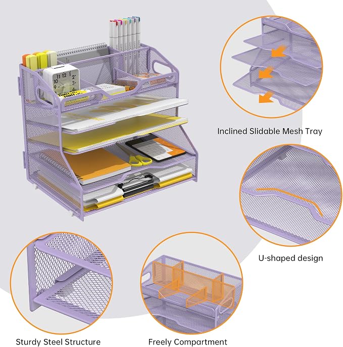 YINGHUA 5-Tier Mesh Desk Organizer, Letter Tray - Purple | Sturdy steel mesh with 3 sliding trays, 2 handles, 6 adjustable top sections. U-shaped design for easy access to office files