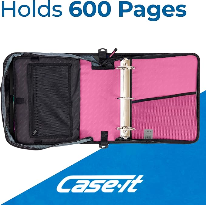 Case-it School Zipper Binder | 3" O-Rings | 600-Sheet | D-146 Light Pink | Mighty Zip Tab, 5-Color Tab Expanding File Folder, Shoulder Strap, Handle, Office