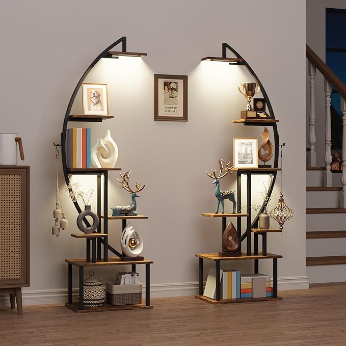 Tall Bookshelf with Lights, 2 Pack Ladder Bookcase, 7 Tier Arched Home Office Storage Book Collectibles Shelves, 64" Modern Corner Display Shelf for Bedroom Living Room Balcony, Rustic Brown