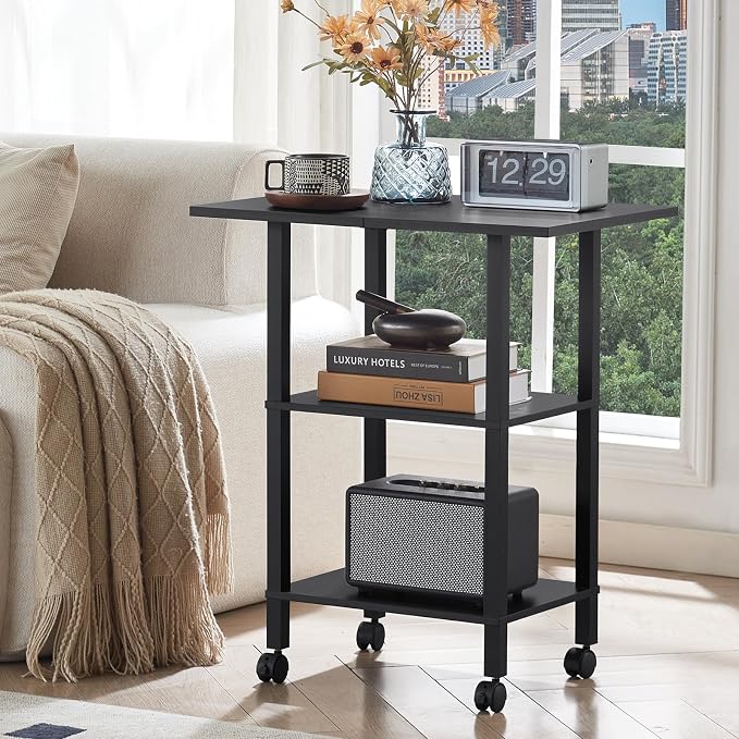 YUFAM 3 Tier Home Printer Stand with Storage, Black | Wooden Mobile Printer Table Shelf, Rolling Printer Cart Shelf with Lockable Wheels fit Fax Machine, Scanner