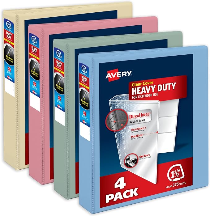 Avery Heavy-Duty View 3 Ring Binders, 1.5", 4 Assorted Pastel Binders | For Heavy School, Home and Office Use, DuraHinge Tear-Resistant Spine, DuraEdge Split-Resistant Sides, Interior Pockets