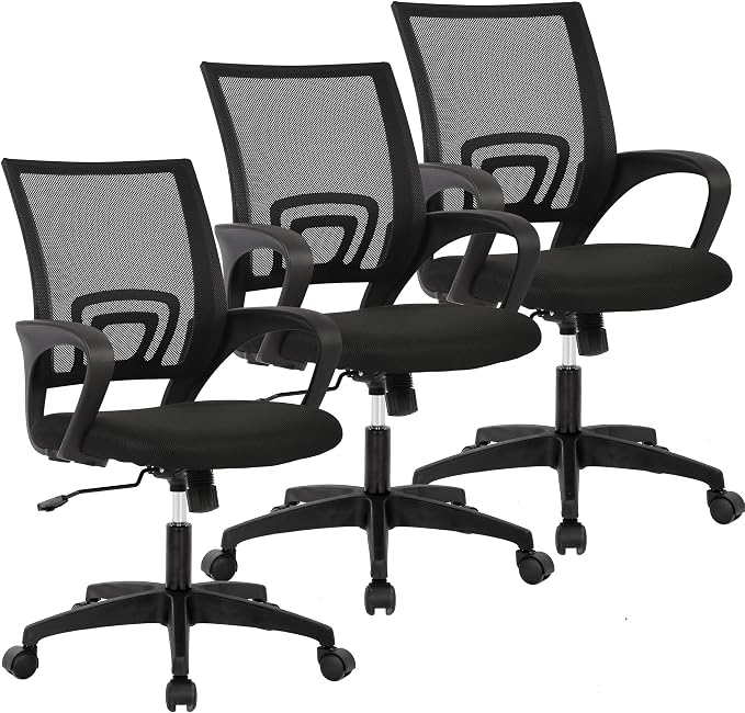 BestOffice Ergonomic Office Chair | Mid-Back Swivel Desk Chair | Black | with Lumbar Support, Adjustable Height & Breathable Backrest | Sponge Seat & Rolling Wheels | for Home, Office | Pack of 3