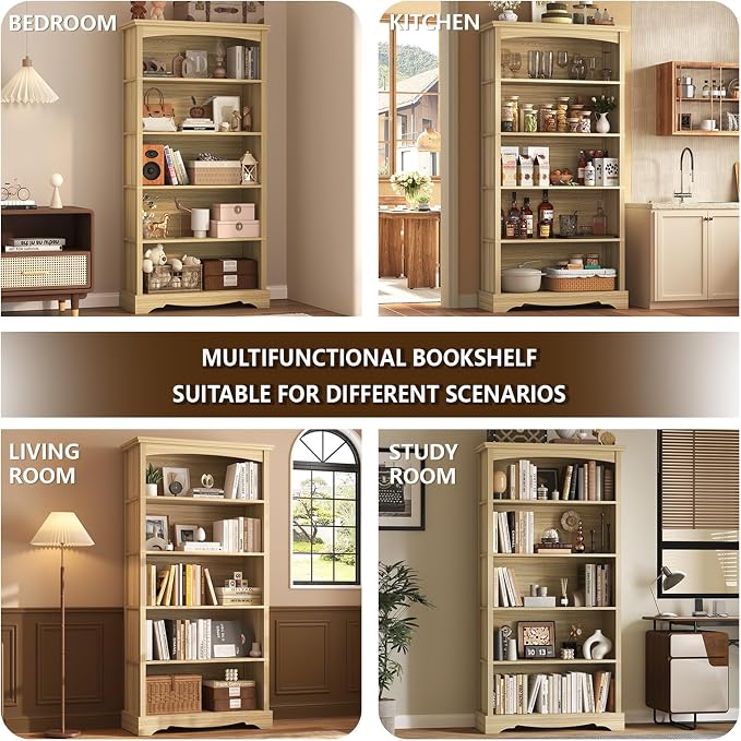 TVU 5-Tier Wooden Bookshelf, 65 Inch Tall Bookshelf with Storage, Floor Standing Modern Style Display Bookcase for Living Room, Office, Study Room, Entryway, Natural Wood Color