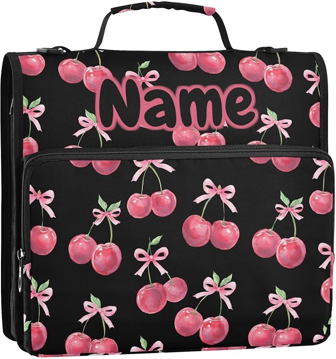 Custom Watercolor Cherry Bow 3 Ring Binder Bag 1.5 inch Personalized Name Binder Organizer 500 Sheet Documents Storage for School Office