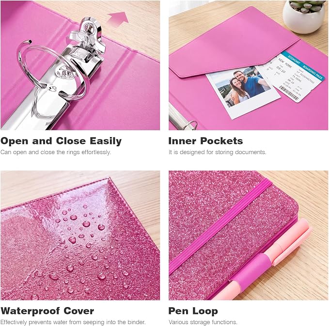 Ospelelf Vintage Hardcover 3 Ring 1 inch Leather Binder, Professional Binder Organizer Suitable for Letter Size, Binder Dividers with Tabs, Glitter Rose Pink