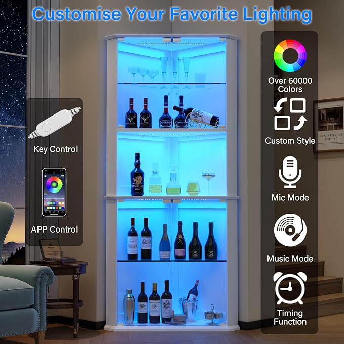kepptory 72" Corner Curio Cabinet with RGB LED Lights, 6-Tier Glass Display Cabinet with Adjustable Shelves, Lighted Corner Showcase for Collectibles, China, Glassware, Living Room Home Bar