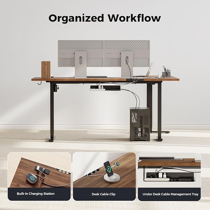 Agilestic 63 x 48 Inch L Shaped Standing Desk with Powerstrip, Dark Walnut | Outlets, Cable Management, Corner Desk, Ample Workspace, Memory Presets, Hooks, Stable Steel Frame,176 lbs, Splice Board