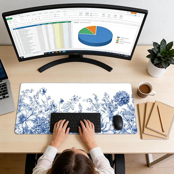 Floral Aesthetic Lotus Gaming Mouse Pad, White Blue Chinoiserie Desk Mat with Anti-Slip Base & Stitched Edges,35.4" x 15.7" in Table Mat for Computer Desktop, Beautiful Workstation Decor