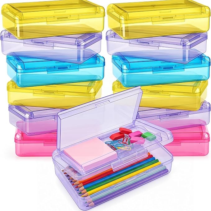 12 Pack Double Layer Large Pencil Box, Clear Plastic Hard Pencil Case with Snap Lid, School Supply Organizer Box for School Office Classroom Home Supplies(Classic Colors)