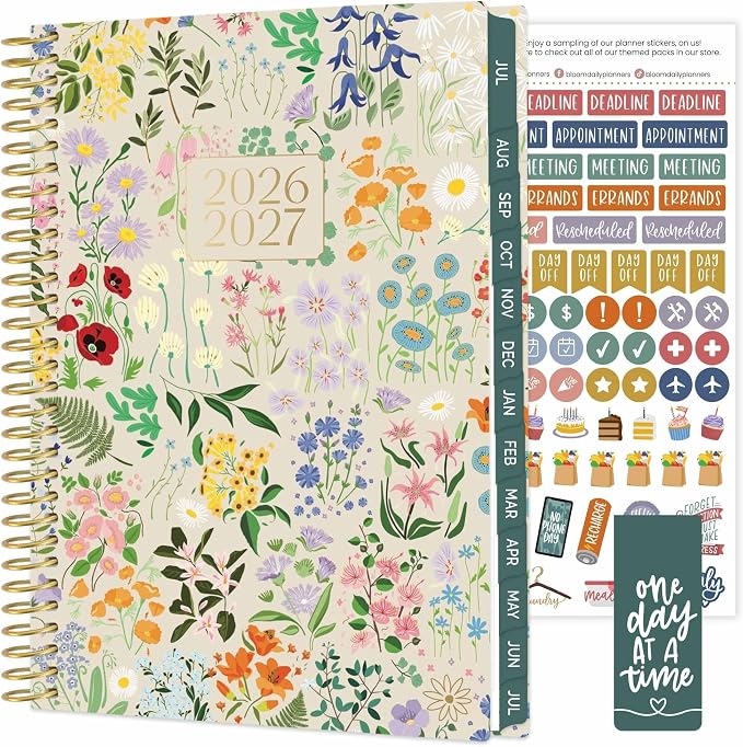 bloom daily planners 2026-2027 Planner - Academic Year (July 2026 - July 2027) Monthly & Weekly Soft Cover Planner for Women - 13 Month Calendar Agenda Book with Stickers - 5.5" x 8.25" - Garden Party, Beige